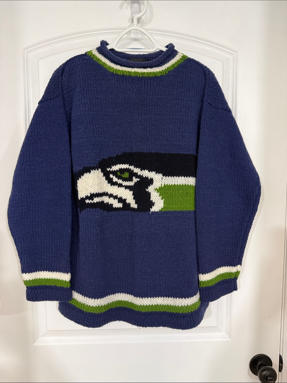 Men's Navy Crewneck Graphic Knit Sweater with Green and White Accents